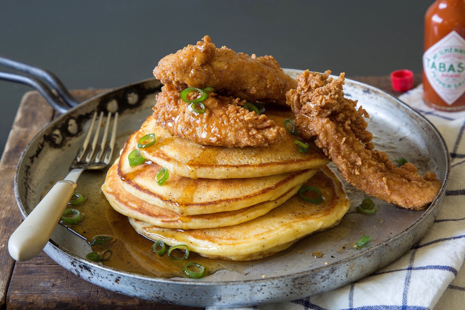 Chicken and Corn Bread Pancakes with Spicy Syrup
