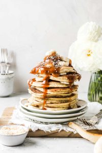 Ricotta Pancakes with Roasted Maple Rhubarb and Strawberries